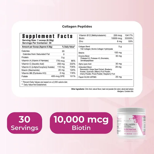 Miniatura 3 de Youngevity Polvo de péptidos de colágeno – Soporte para el cabello, la piel y las uñas con hidrolizados tipo I y II, biotina, vitamina B12