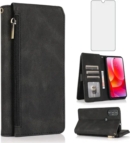 Compatible con Motorola Moto G Play 2023/MotoG Power 2022/G Pure 2021 - Funda tipo cartera de vidrio templado, protector de pantalla de cuero con