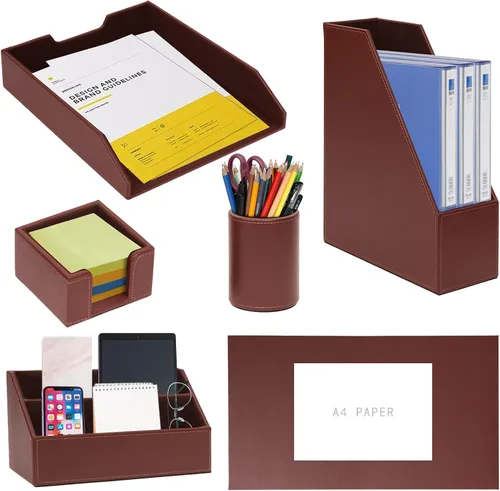 Miniatura 8 de Juego de 6 piezas de suministros de oficina/organizador de escritorio con almohadilla de escritura de cuero para escritorio, bandeja de papel