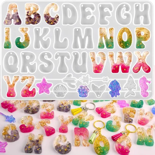 Molde de resina de alfabeto Actvty, moldes de silicona de alfabeto invertido con agujeros para epoxi, moldes de letras para llaveros de joyería