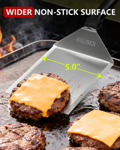 Miniatura 6 de HULISEN Espátula grande de acero inoxidable para parrilla, espátula de metal resistente de 6 x 5 pulgadas con bordes de corte, accesorios