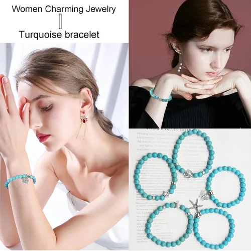 Miniatura 3 de CASDAN 10 pulseras de cuentas redondas de piedra turquesa de 0.315in para mujeres y hombres, pulseras de cuentas elásticas de cristal curativo