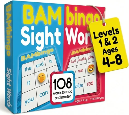 Juego de bingo de palabras de vista THE BAMBINO TREE Nivel 1 y 2 - Juegos educativos para niños - Aprende a leer vocabulario para jardín de infantes