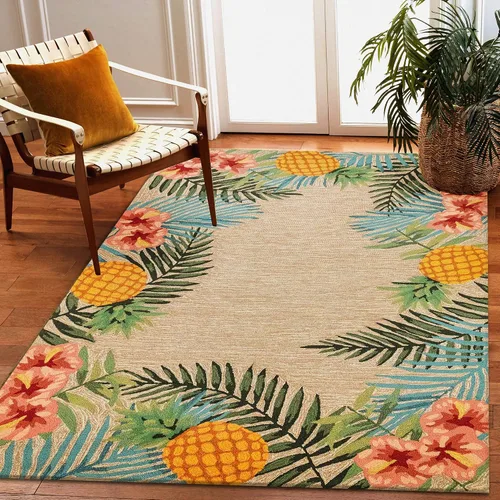 Miniatura 4 de Liora Manne Ravella - Alfombra duradera para interiores y exteriores, estabilizada a mano con rayos UV, tropical neutro, 5 pies x 7 pies 6 pulgadas