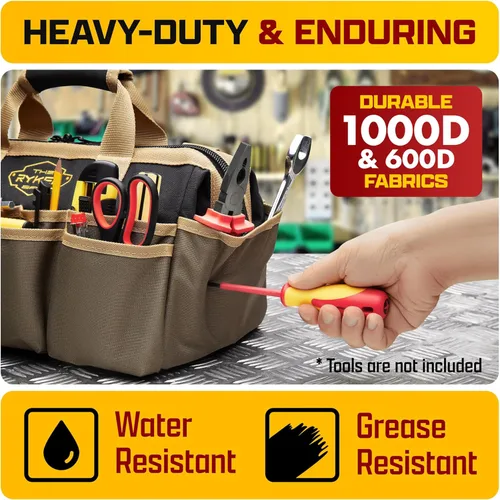 Miniatura 5 de Las bolsas de herramientas resistentes Ryker para hombres/mujeres. Bolsa organizadora de herramientas pequeña de boca ancha de 14 pulgadas