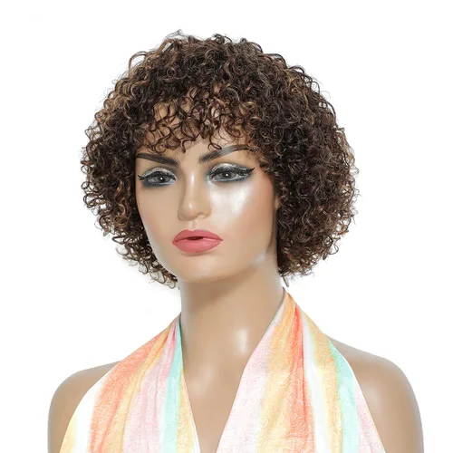 Miniatura 8 de Peluca de cabello humano rizado estilo Bob para mujeres negras, 150% de densidad, mezcla de castaño caoba, peluca corta sin pegamento por
