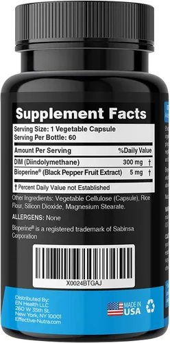 Miniatura 2 de Suplemento DIM de Effective Nutra 300 mg con BioPerine - Bloqueador de estrógeno de extra fuerza para hombres y mujeres - Apoyo hormonal