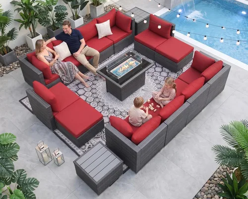 Miniatura 130 de NICESOUL Juego de muebles de patio para exteriores de 7 piezas con mesa para hoguera, gas natural y propano convertible, respaldo alto de 29.3