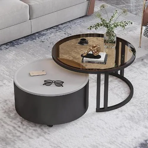 Miniatura 13 de Couchtisch Rund 2er Set, Kreativer Runder Couchtisch Aus Glas mit Metallrahmen, Mit Stauraum für Kleine Räume Wohnzimmer Schlafzimmer Balkone mit B