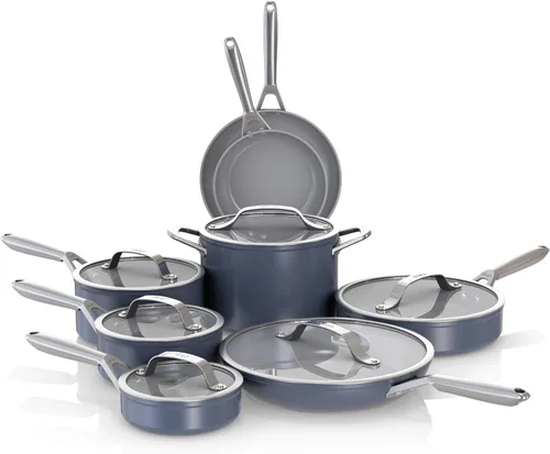 Ninja Ceramic Pro Juego de utensilios de cocina de 14 piezas, juego de ollas y sartenes antiadherentes con tapas de vidrio, no tóxico, sin PTFE,