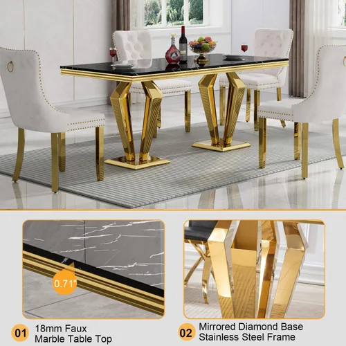 Miniatura 4 de Mesa de comedor de mármol negro para 4, 6, 70 pulgadas, moderna mesa de comedor de cocina dorada con base de acero inoxidable con diseño