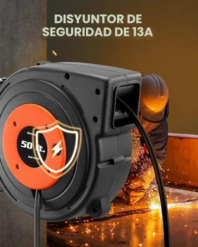 Miniatura 5 de DEWENWILS Carrete de cable de extensión retráctil, cable de alimentación resistente de 50 pies, 14AWG/3C SJTOW, 3 tomas de tierra con triple llave