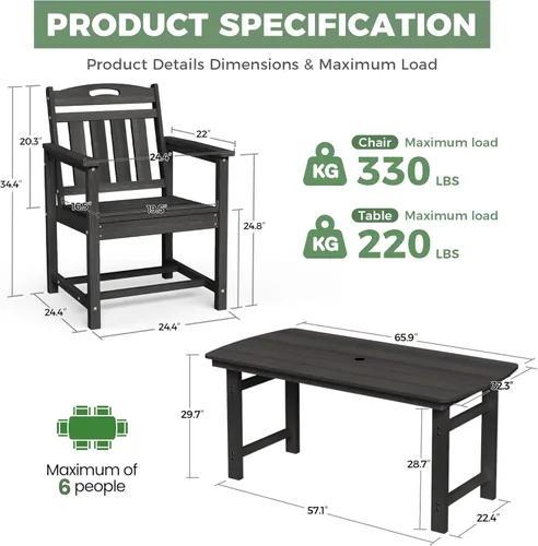 Miniatura 2 de HDPE - Juego de comedor al aire libre, mesa y sillas de patio, mesa exterior de 7 piezas y 6 sillas, agujero para sombrilla de 2 pulgadas, muebles