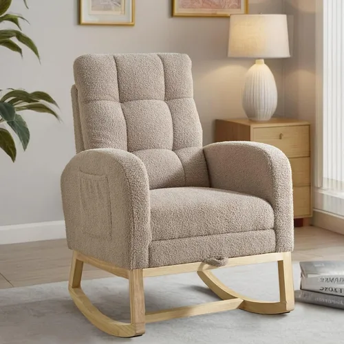 Miniatura 6 de Rosevera Mecedora para guardería con reposapiés ajustable para sala de estar, tela de peluche, patas de madera maciza, cómodo sillón con respaldo