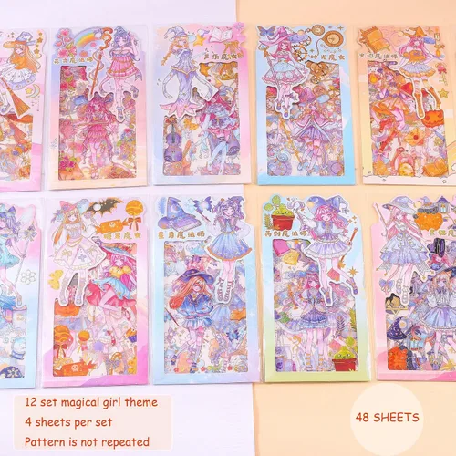 Miniatura 2 de 48 Hojas de Calcomanías de Chica de Dibujos Animados - Kawaii PET Transparente Papelería de Diario Calendario DIY Personas Mágicas Calcomanía 12