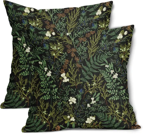 Juego de 2 fundas de almohada de plantas verdes de 18 x 18 pulgadas, diseño de hojas de helecho botánico verde salvia, primavera, verano, vintage,