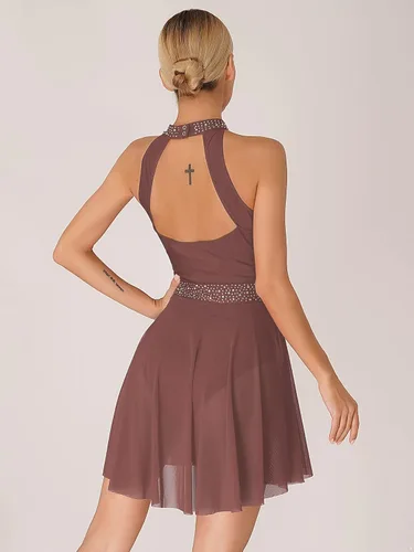 Miniatura 2 de Disfraz de danza lírica para mujer, cuello halter, falda fluida, leotardo de ballet, ropa de baile moderna y contemporánea