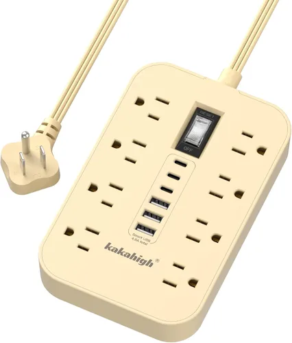 Beige Power Strip with USB Ports - 5 FT Flat Extension Cord, 1625W Decorative Extension Cord with 8 AC Outlet 6 USB, Indoor Use for Beige Cream Desk