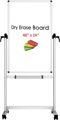 VIZ-PRO Pizarra magnética móvil de doble cara, 48 x 24 pulgadas, orientación vertical, marco y soporte de aluminio, con 3 borradores de colores
