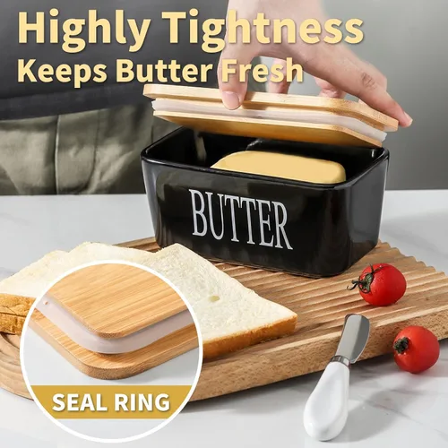 Miniatura 4 de Hasense Mantequillera con Tapa, Plato de Mantequilla de Cerámica con Cuchillo para Encimera, Recipiente Hermético Cubierto para Mantener Negro