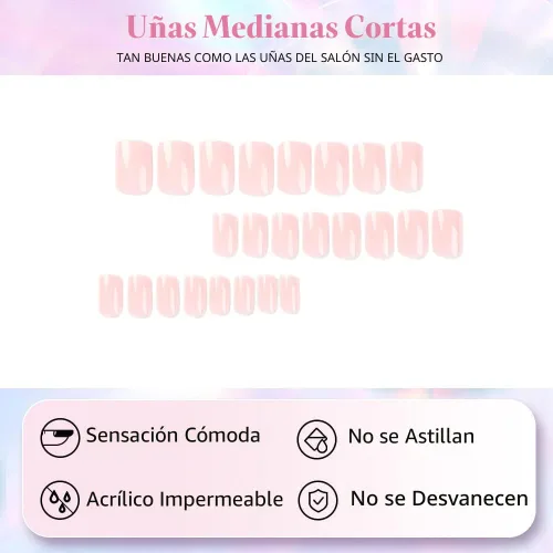Miniatura 3 de Uñas postizas a presión color rosa bebé, uñas postizas cuadradas medianas con pegamento en uñas de longitud media, uñas acrílicas cortas