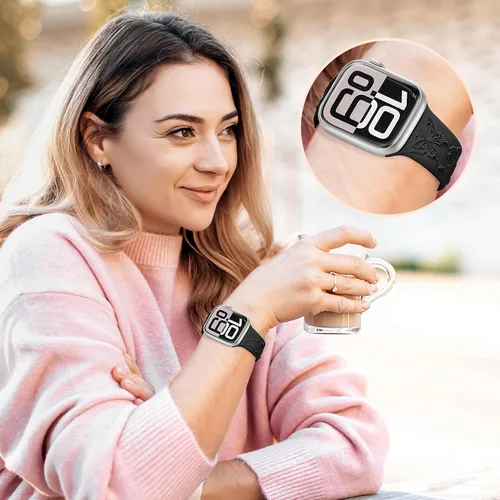 Miniatura 4 de Melyis Correa deportiva de silicona suave grabada con diseño floral y mariposa compatible con Apple Watch de 1.575 pulgadas, 1.614 pulgadas, 1.496