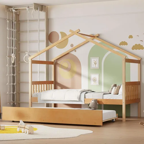 Miniatura 11 de Cama individual de casa con nido para niños, cama individual de madera con techo, marco de cama de plataforma de tamaño individual, cama con dosel