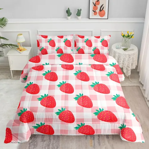 Miniatura 2 de Juego de ropa de cama Kawaii de fresa para niñas, juego de ropa de cama con patrón de cuadrícula rosa con 1 edredón y 2 fundas de almohada