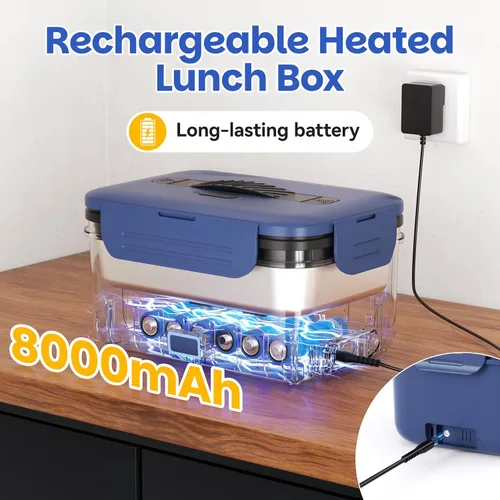Miniatura 5 de Vingud Lonchera eléctrica inalámbrica para adultos, lonchera térmica recargable de 1.8 L, calentador de alimentos, lonchera portátil autocalentable