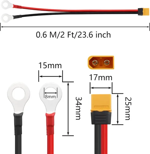 Miniatura 7 de SinLoon XT60 - Cable de terminal de anillo tórico 12AWG 23.6 pulgadas XT60H macho a junta tórica, cable conector para aviones RC, juguete, autos