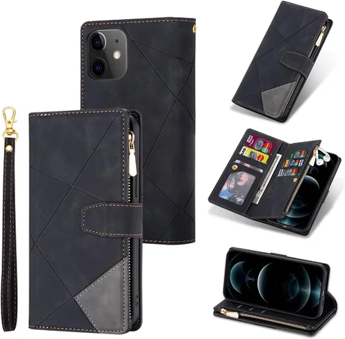 Miniatura 15 de UEEBAI Funda tipo cartera para iPhone 12 Mini de 5.4 pulgadas, retro 9 ranuras para tarjetero, bolsillo con cremallera, cierre magnético, función