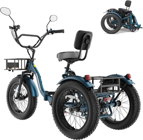 Miniatura 10 de MOONCOOL Triciclo eléctrico para adultos, marco de aluminio de neumático grueso de 1000 W, 4 pulgadas, batería de 48 V y 14.5 Ah, frenos de disco