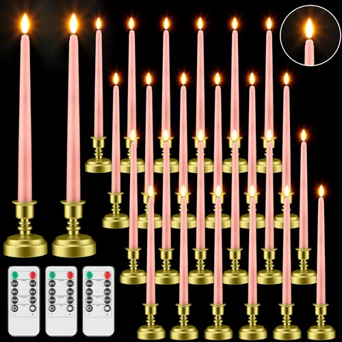 Miniatura 10 de Fumete Paquete de 24 velas cónicas sin llama con control remoto y temporizador, velas LED parpadeantes realistas con llama 3D, ventana LED con base