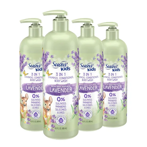 Suave Aceite de lavanda natural 3 en 1 para niños, sin desgarros, gel de baño, champú y acondicionador, sin sulfatos, sin parabenos, sin siliconas,