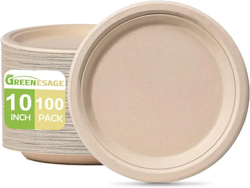 Platos compostables de 10 pulgadas, paquete de 100, ecológicos, resistentes, platos marrones grandes