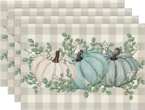 Miniatura 27 de Artoid Mode - Set de 2 manteles individuales de cuadros de búfalo con calabazas y hojas de eucalipto, manteles otoñales de 12x18 pulgadas para Azul