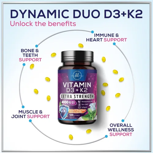 Miniatura 5 de Vitamina D con K2 (MK-7) – Vitamina D3 4000IU (125 mcg) por porción – Suplemento complejo D3K2 para huesos, dientes, músculos, absorción de calcio