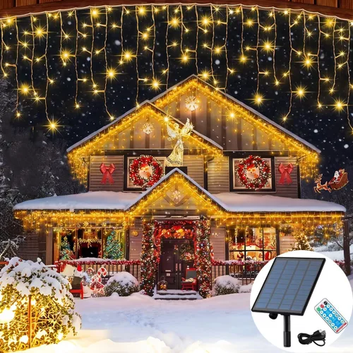 Miniatura 8 de Luces solares de Navidad de 320 LED, luces de cortina impermeables para decoraciones navideñas al aire libre, 29.5 pies, 60 gotas, 8 modos, luces