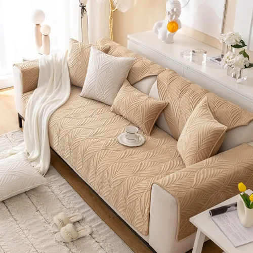 Miniatura 4 de vctops Fundas acolchadas de terciopelo súper suave para sofá y sillón, funda antideslizante para sofá seccional con patrón de hojas, forro de sofá
