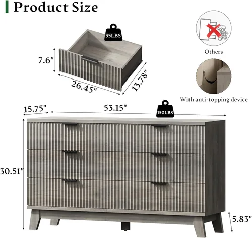Miniatura 2 de Xixini Cómoda acanalada con 6 cajones, cómoda moderna de 54 pulgadas de ancho con mango de metal, soporte de TV de madera, organizador