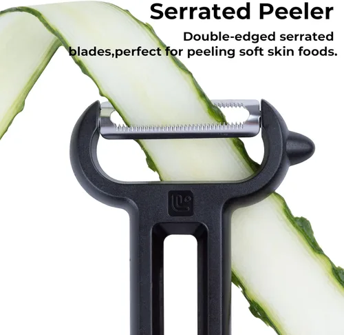 Miniatura 2 de Linoroso Pelador de frutas dentadas de acero inoxidable negro, pelador clásico de verduras, hoja giratoria japonesa, mango cómodo, apto