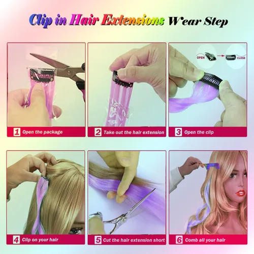 Miniatura 4 de 24 extensiones de cabello con clip de color, 22 pulgadas de largo, lacio, sintético, multicolor, resaltado para fiestas, para mujeres y niñas