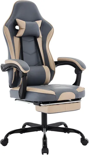 Silla ergonómica de cuero para juegos con reposapiés, cómoda silla de juegos beige con cómodo reposacabezas y soporte lumbar para adultos, niños,