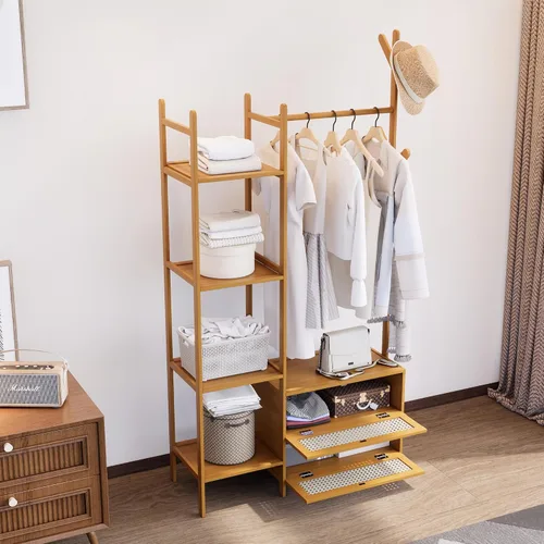 Miniatura 3 de Perchero de Ropa de Bambú, Perchero con Cajones y Estantes, Estantes de Almacenamiento de 5 Niveles con 6 Ganchos para Colgar, Armario Closet