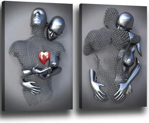 Miniatura 11 de ZEMRARE Corazón de amor 3D efecto metálico negro arte decoración de pared moderna galería pinturas para pared parejas en blanco y negro