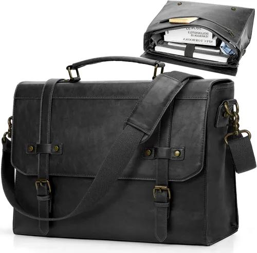 Miniatura 14 de RAINSMORE Bolsa de mensajero para hombre de 17 pulgadas, impermeable, de piel vintage, maletín para laptop, bolsa grande para laptop, bolsa de Marrón