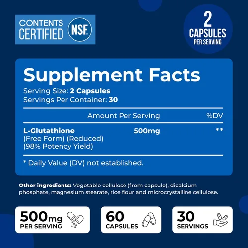 Miniatura 3 de We Like Vitamins Suplemento de glutatión certificado NSF 500 mg - 60 cápsulas de L-glutatión reducido para apoyo antioxidante e inmunológico