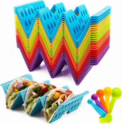 Miniatura 8 de Juego de 12 soportes para tacos, juego de servicio de barra de tacos para una fiesta, bandejas grandes para tacos, soporte para tacos duros