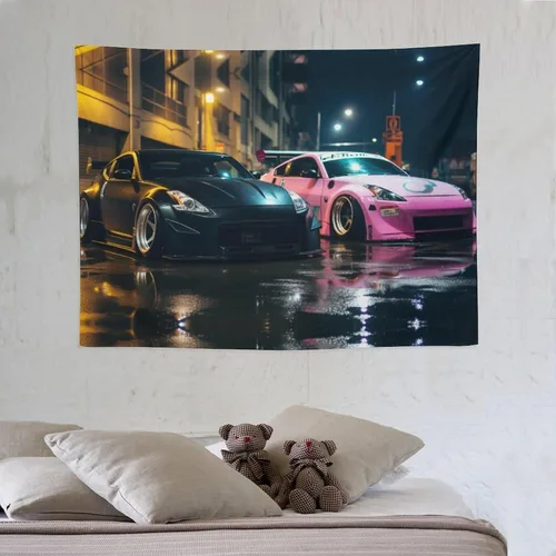 Miniatura 6 de FeoYoed Jdm - Tapiz japonés para automóvil, 350z, color negro y rosa, para estacionar, estación lluviosa, calle, pared, arte de pared
