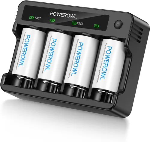 POWEROWL Baterías recargables D con cargador de batería de 4 bahías, carga rápida USB, para baterías recargables AA AAA C D Ni-MH Ni-CD -4 unidades